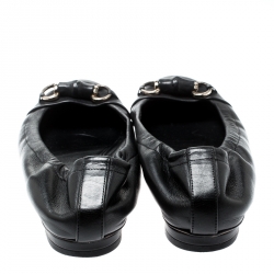 Pre Owned Gucci Black Leather Bamboo Horsebit Scrunch Ballet Flats Size 36