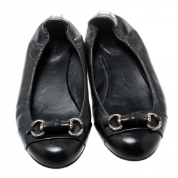 Pre Owned Gucci Black Leather Bamboo Horsebit Scrunch Ballet Flats Size 36