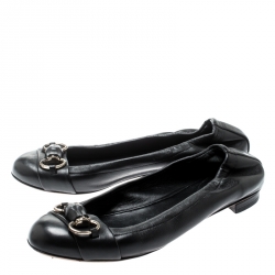 Pre Owned Gucci Black Leather Bamboo Horsebit Scrunch Ballet Flats Size 36