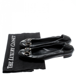 Pre Owned Gucci Black Leather Bamboo Horsebit Scrunch Ballet Flats Size 36