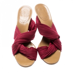 Pre Owned Gucci Burgundy Stretch Plisse Fabric Slides Size 38