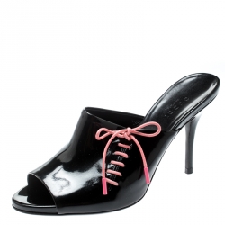 Pre Owned حذاء مولز غوتشي مقدمة مفتوحة تفاصيل أربطة جلد لامع أسود مقاس 36