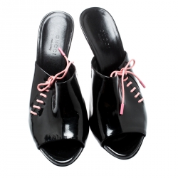 Pre Owned حذاء مولز غوتشي مقدمة مفتوحة تفاصيل أربطة جلد لامع أسود مقاس 36