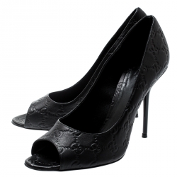 Pre Owned Gucci Black Guccissima Leather Peep Toe Pumps Size 40