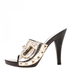 Pre Owned Gucci Metallic Gold Guccissima Leather Horsebit Mules Size 36.5