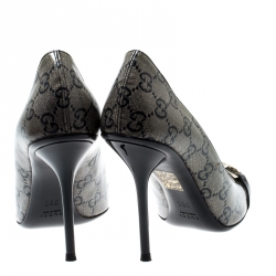 Pre Owned حذاء كعب عالي غوتشي كانفاس بيج/أزرق كريستال مقوى هورسبيت مقدم