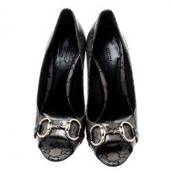 Pre Owned حذاء كعب عالي غوتشي كانفاس بيج/أزرق كريستال مقوى هورسبيت مقدم