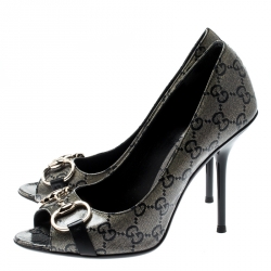 Pre Owned حذاء كعب عالي غوتشي كانفاس بيج/أزرق كريستال مقوى هورسبي ت مقدم