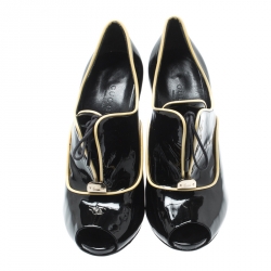 Pre Owned Gucci Black Patent Leather Newton Peep Toe Booties Size 36