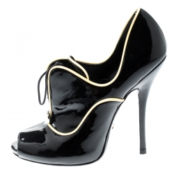 Pre Owned Gucci Black Patent Leather Newton Peep Toe Booties Size 36