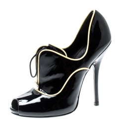 Pre Owned Gucci Black Patent Leather Newton Peep Toe Booties Size 36