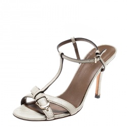 Pre Owned صندل غوتشي مقدمة مفتوحة سير T تفاصيل إبزيم جلد غوتشيسيما بيج فاتح مقاس 38