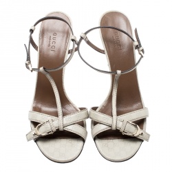 Pre Owned صندل غوتشي مقدمة مفتوحة سير T تفاصيل إبزيم جلد غوتشيسيما بيج فاتح مقاس 38