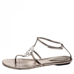 Pre Owned Gucci Metallic Brown Leather GG Interlocking Crystal Ankle Strap Sandals Size 37.5