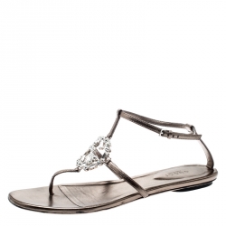 Pre Owned Gucci Metallic Brown Leather GG Interlocking Crystal Ankle Strap Sandals Size 37.5