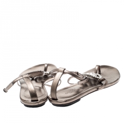 Pre Owned Gucci Metallic Brown Leather GG Interlocking Crystal Ankle Strap Sandals Size 37.5