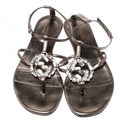 Pre Owned Gucci Metallic Brown Leather GG Interlocking Crystal Ankle Strap Sandals Size 37.5