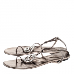 Pre Owned Gucci Metallic Brown Leather GG Interlocking Crystal Ankle Strap Sandals Size 37.5