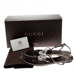 Pre Owned Gucci Metallic Brown Leather GG Interlocking Crystal Ankle Strap Sandals Size 37.5