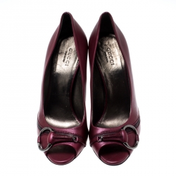 Pre Owned حذاء كعب عالي غوتشي مقدمة مفتوحة تفاصيل هورسبيت فليود جلد أرجواني مقاس 36.5