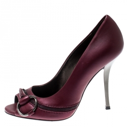 Pre Owned حذاء كعب عالي غوتشي مقدمة مفتوحة تفاصيل هورسبيت فليود جلد أرجواني مقاس 36.5