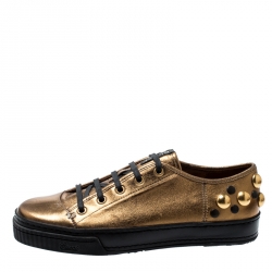 Gucci Metallic Gold Leather Babouska Studded Praga Sneakers Size 38