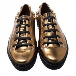 Gucci Metallic Gold Leather Babouska Studded Praga Sneakers Size 38