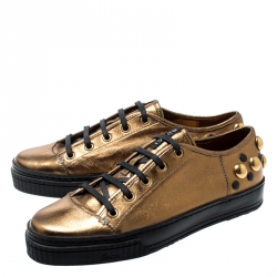 Gucci Metallic Gold Leather Babouska Studded Praga Sneakers Size 38