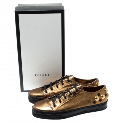 Gucci Metallic Gold Leather Babouska Studded Praga Sneakers Size 38