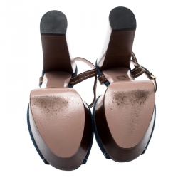 Pre Owned صندل غوتشي كعب عريض سير كاحل هورسبيت ليفورد جلد بني ودنيم أزرق مقاس 37.5