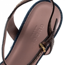 Pre Owned صندل غوتشي كعب عريض سير كاحل هورسبيت ليفورد جلد بني ودنيم أزرق مقاس 37.5