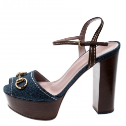 Pre Owned صندل غوتشي كعب عريض سير كاحل هورسبيت ليفورد جلد بني ودنيم أزرق مقاس 37.5