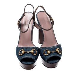 Pre Owned صندل غوتشي كعب عريض سير كاحل هورسبيت ليفورد جلد بني ودنيم أزرق مقاس 37.5