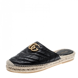 Gucci Black Chevron Quilt Leather Double G Flat Espadrilles Slides Size 37.5