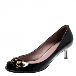 Pre Owned حذاء كعب عالي غوتشي مقدمة مفتوحة هورسبيت جلد لامع أسود مقاس 40