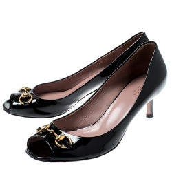 Pre Owned حذاء كعب عالي غوتشي مقدمة مفتوحة هورسبيت جلد لامع أسود مقاس 40