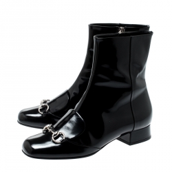 Pre Owned Gucci Black Patent Leather Horsebit Ankle Boots Size 38