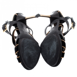 Pre Owned Gucci Black Velvet And Leather Malika Strappy Sandals Size 36