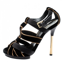 Pre Owned Gucci Black Velvet And Leather Malika Strappy Sandals Size 36