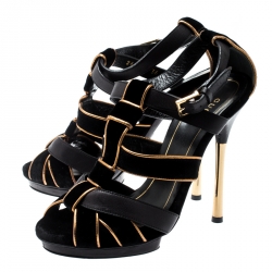 Pre Owned Gucci Black Velvet And Leather Malika Strappy Sandals Size 36