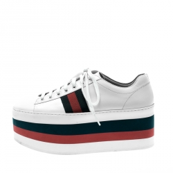 Pre Owned حذاء رياضي غوتشي بيغي جلد أبيض نعل سميك مزين ويب مقاس 37