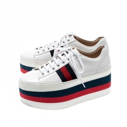 Pre Owned حذاء رياضي غوتشي بيغي جلد أبيض نعل سميك مزين ويب مقاس 37