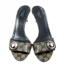 Pre Owned حذاء سلايدز غوتشي هيستريا كانفاس كريستال GG أزرق/ بيج مقاس 38