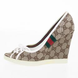 Pre Owned Gucci Guccissima Canvas Lace Up Peep Toe Wedges Size 38.5
