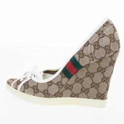 Pre Owned Gucci Guccissima Canvas Lace Up Peep Toe Wedges Size 38.5