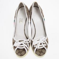Pre Owned Gucci Guccissima Canvas Lace Up Peep Toe Wedges Size 38.5