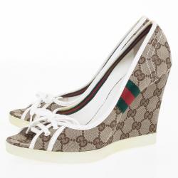 Pre Owned Gucci Guccissima Canvas Lace Up Peep Toe Wedges Size 38.5