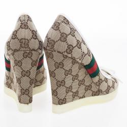 Pre Owned Gucci Guccissima Canvas Lace Up Peep Toe Wedges Size 38.5