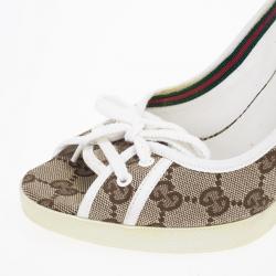 Pre Owned Gucci Guccissima Canvas Lace Up Peep Toe Wedges Size 38.5