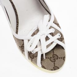 Pre Owned Gucci Guccissima Canvas Lace Up Peep Toe Wedges Size 38.5